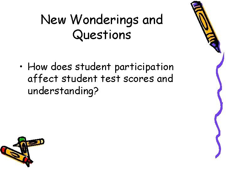 New Wonderings and Questions • How does student participation affect student test scores and