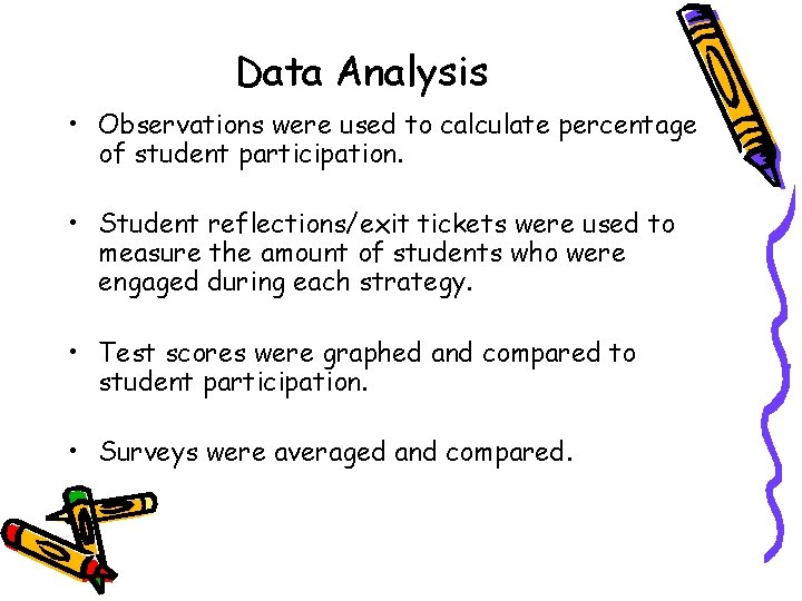 Data Analysis • Observations were used to calculate percentage of student participation. • Student