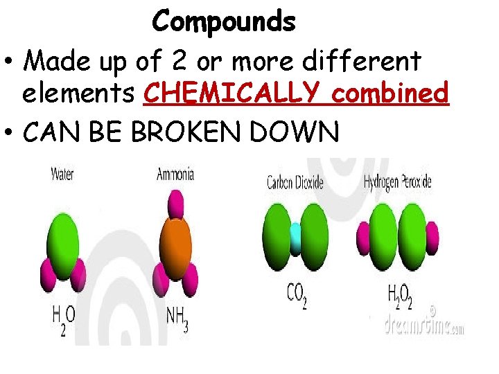 Compounds • Made up of 2 or more different elements CHEMICALLY combined • CAN