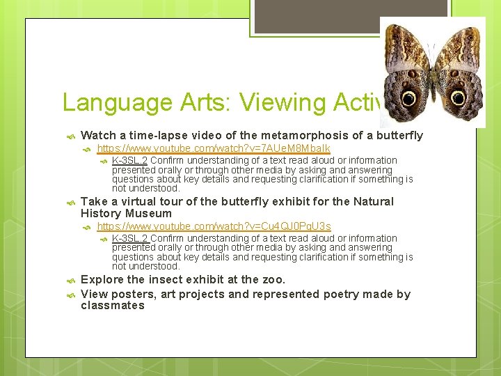 Language Arts: Viewing Activities Watch a time-lapse video of the metamorphosis of a butterfly