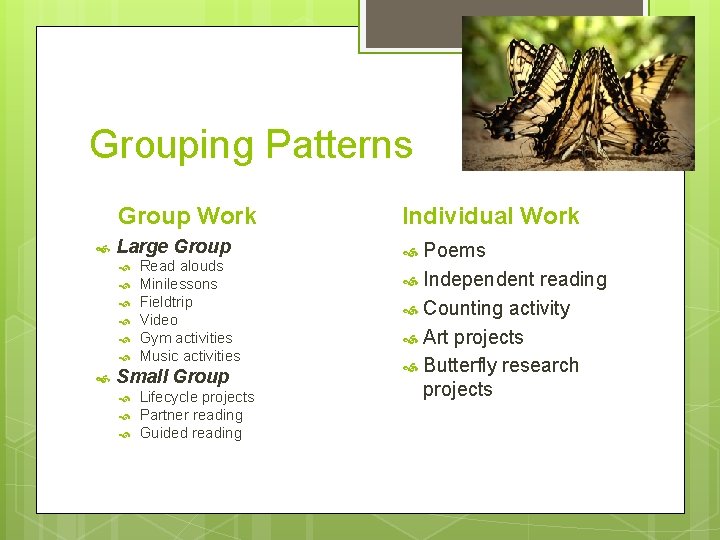 Grouping Patterns Group Work Individual Work Large Group Read alouds Minilessons Fieldtrip Video Gym