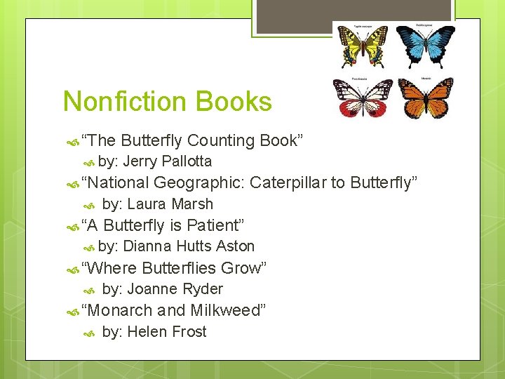 Nonfiction Books “The by: Butterfly Counting Book” Jerry Pallotta “National “A by: Laura Marsh
