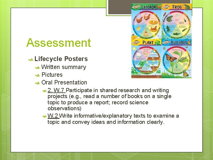 Assessment Lifecycle Posters Written summary Pictures Oral Presentation 2. W. 7 Participate in shared