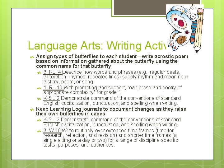 Language Arts: Writing Activities Assign types of butterflies to each student—write acrostic poem based