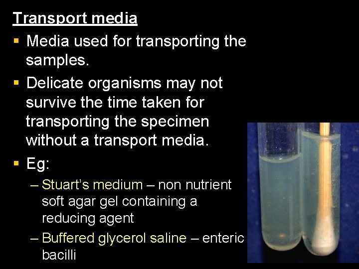 Transport media § Media used for transporting the samples. § Delicate organisms may not
