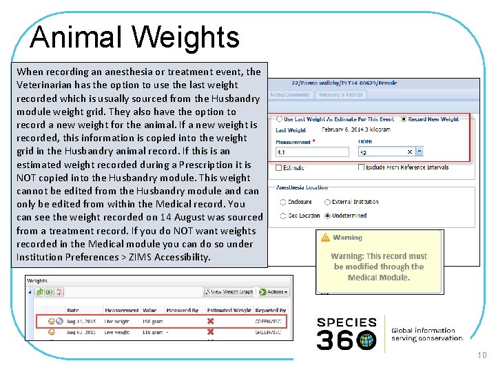 Animal Weights When recording an anesthesia or treatment event, the Veterinarian has the option