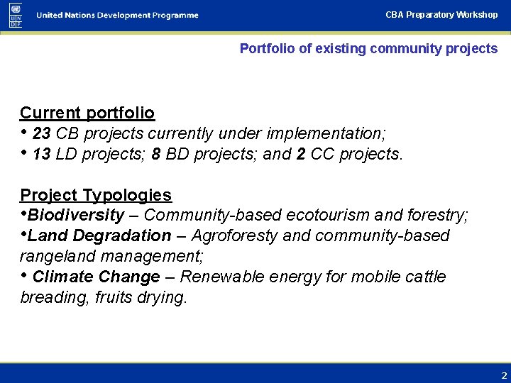 CBA Preparatory Workshop Portfolio of existing community projects Current portfolio • 23 CB projects