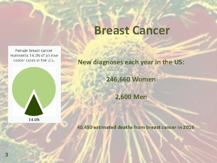 Breast Cancer New diagnoses each year in the US: 246, 660 Women 2, 600