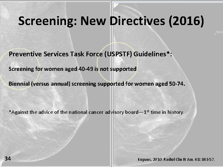 Screening: New Directives (2016) Preventive Services Task Force (USPSTF) Guidelines*: Screening for women aged