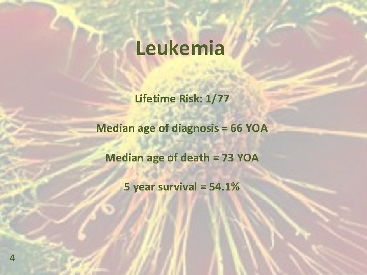 Leukemia Lifetime Risk: 1/77 Median age of diagnosis = 66 YOA Median age of