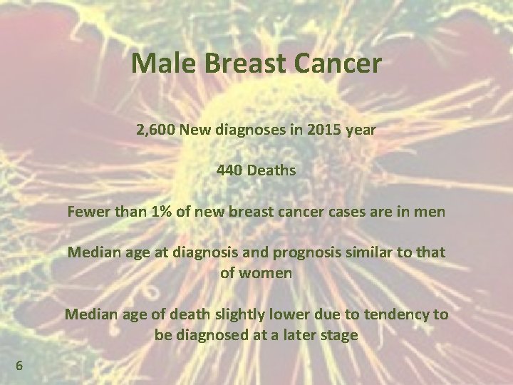 Male Breast Cancer 2, 600 New diagnoses in 2015 year 440 Deaths Fewer than