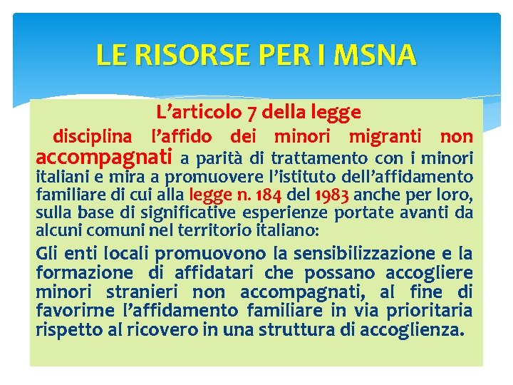 LE RISORSE PER I MSNA L’articolo 7 della legge disciplina l’affido dei minori migranti