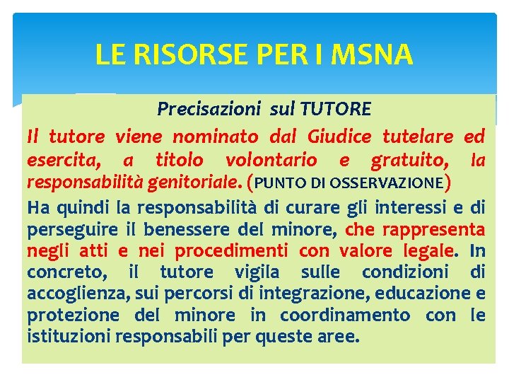 LE RISORSE PER I MSNA Precisazioni sul TUTORE Il tutore viene nominato dal Giudice