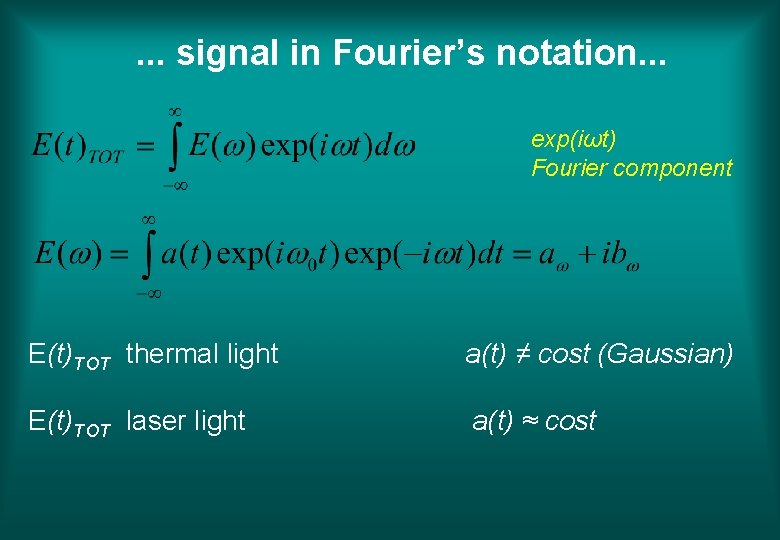 . . . signal in Fourier’s notation. . . exp(iωt) Fourier component E(t)TOT thermal