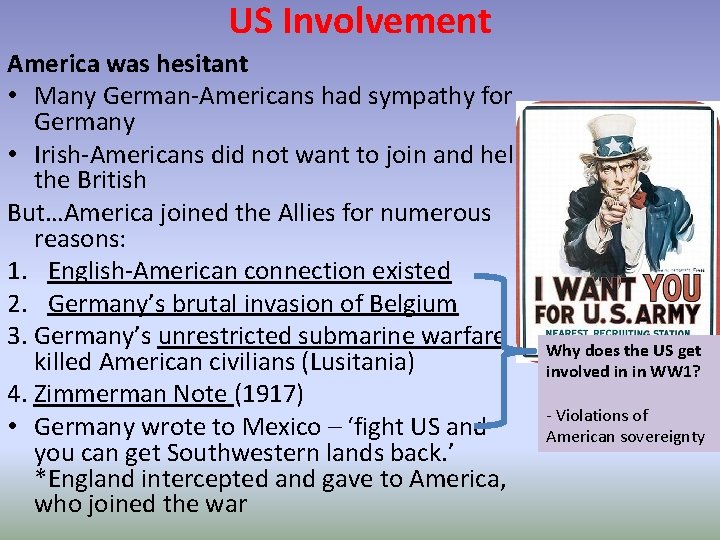 US Involvement America was hesitant • Many German-Americans had sympathy for Germany • Irish-Americans