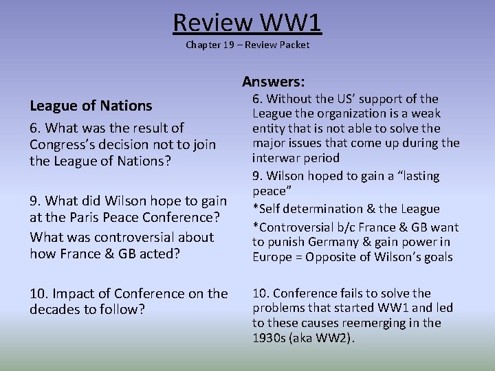 Review WW 1 Chapter 19 – Review Packet Answers: League of Nations 6. What