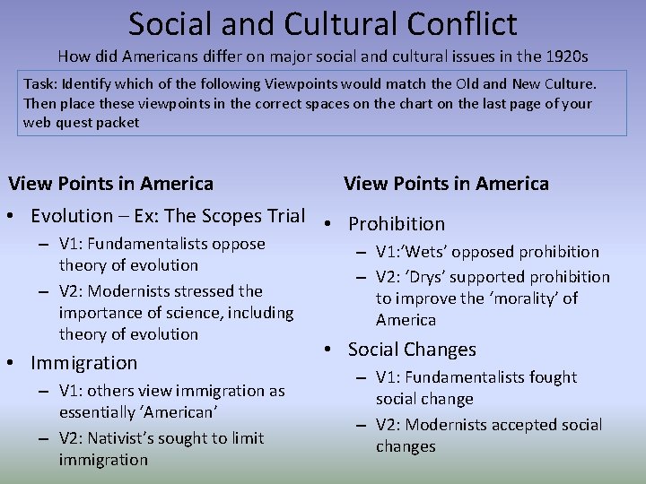 Social and Cultural Conflict How did Americans differ on major social and cultural issues