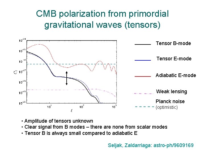 CMB polarization from primordial gravitational waves (tensors) Tensor B-mode Tensor E-mode Adiabatic E-mode Weak