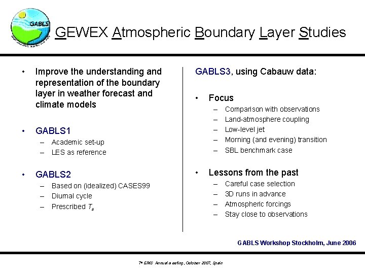 GEWEX Atmospheric Boundary Layer Studies • • Improve the understanding and representation of the