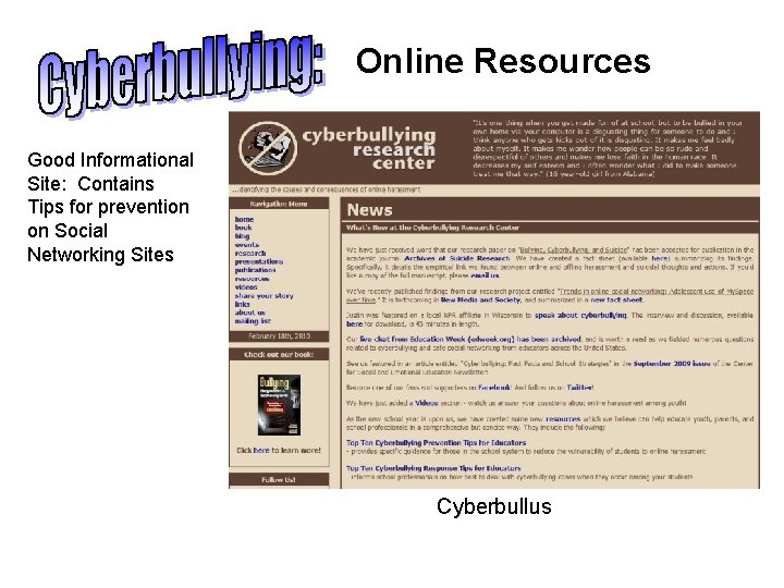Online Resources Good Informational Site: Contains Tips for prevention on Social Networking Sites Cyberbullus