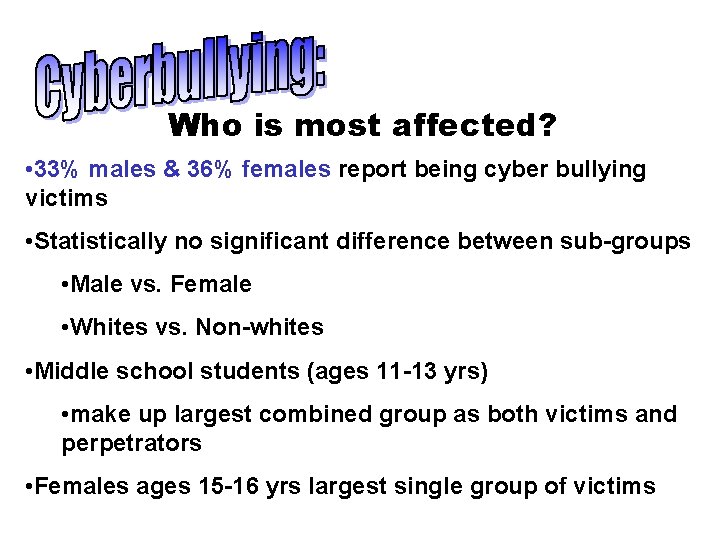 Who is most affected? • 33% males & 36% females report being cyber bullying