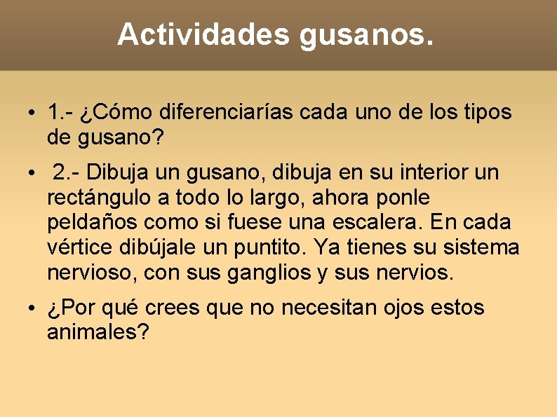 Actividades gusanos. • 1. - ¿Cómo diferenciarías cada uno de los tipos de gusano? Actividades gusanos. • 1. - ¿Cómo diferenciarías cada uno de los tipos de gusano?