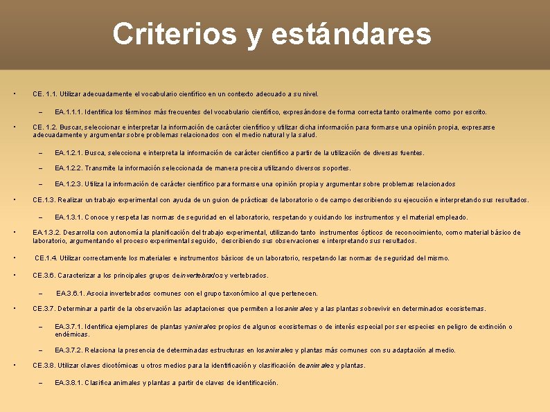 Criterios y estándares • CE. 1. 1. Utilizar adecuadamente el vocabulario científico en un Criterios y estándares • CE. 1. 1. Utilizar adecuadamente el vocabulario científico en un