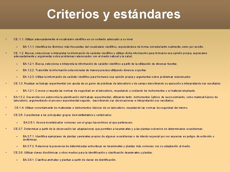 Criterios y estándares • CE. 1. 1. Utilizar adecuadamente el vocabulario científico en un