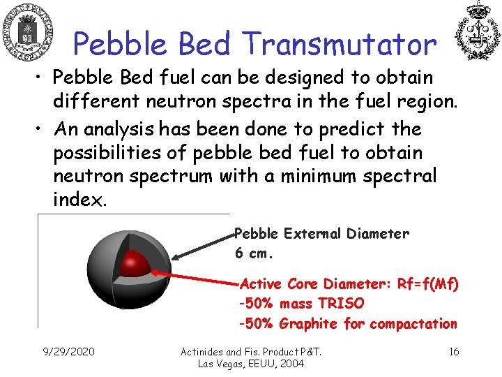 Pebble Bed Transmutator • Pebble Bed fuel can be designed to obtain different neutron