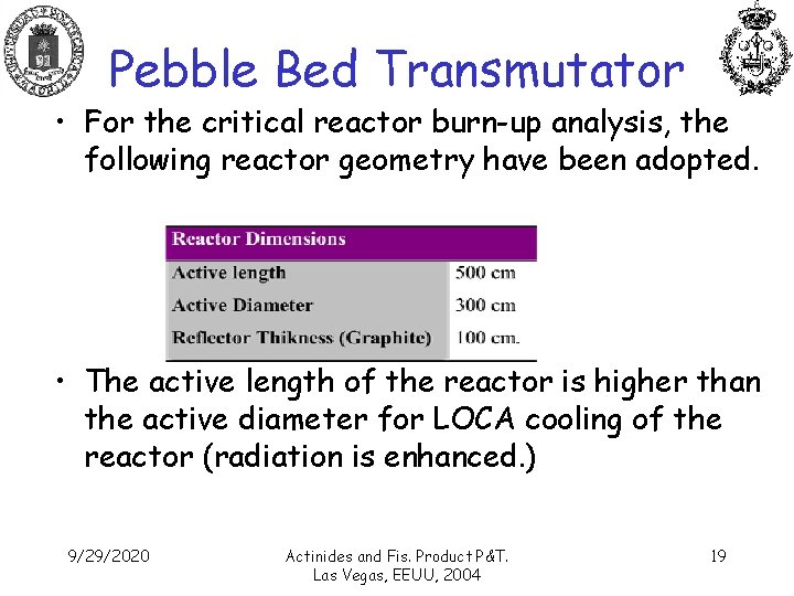 Pebble Bed Transmutator • For the critical reactor burn-up analysis, the following reactor geometry