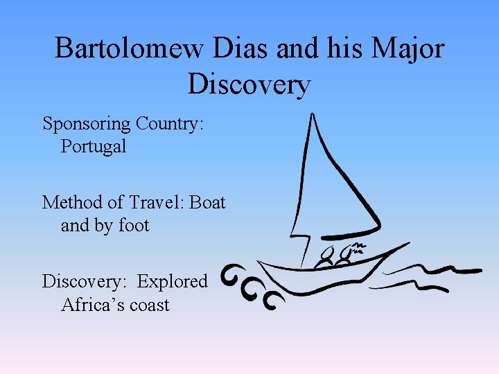 Bartolomew Dias and his Major Discovery Sponsoring Country: Portugal Method of Travel: Boat and