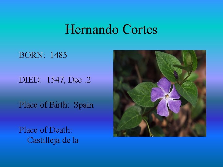 Hernando Cortes BORN: 1485 DIED: 1547, Dec. 2 Place of Birth: Spain Place of