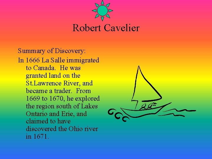 Robert Cavelier Summary of Discovery: In 1666 La Salle immigrated to Canada. He was