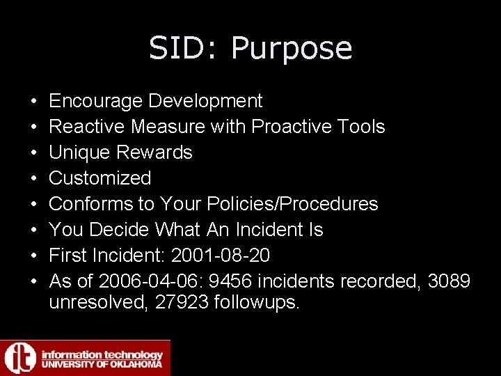 SID: Purpose • • Encourage Development Reactive Measure with Proactive Tools Unique Rewards Customized