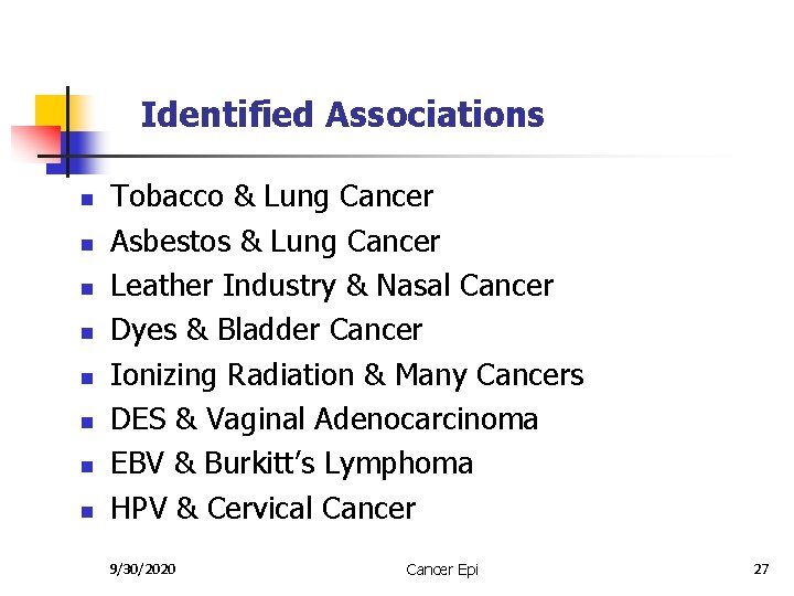 Cancer Epidemiology IIdentified Associations n n n n Tobacco & Lung Cancer Asbestos &