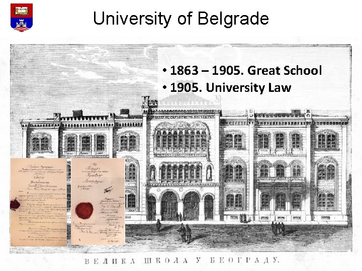 University of Belgrade • 1863 – 1905. Great School • 1905. University Law 