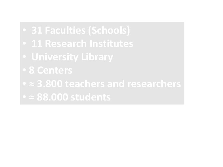  • 31 Faculties (Schools) • 11 Research Institutes • University Library • 8