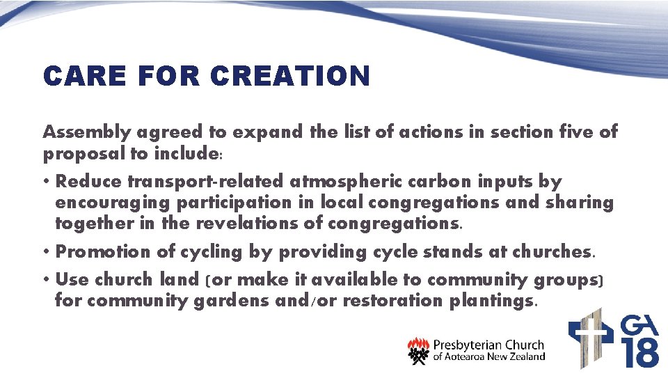 CARE FOR CREATION Assembly agreed to expand the list of actions in section five