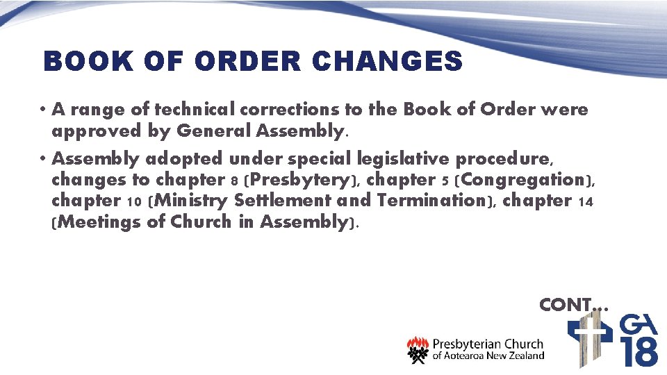 BOOK OF ORDER CHANGES • A range of technical corrections to the Book of