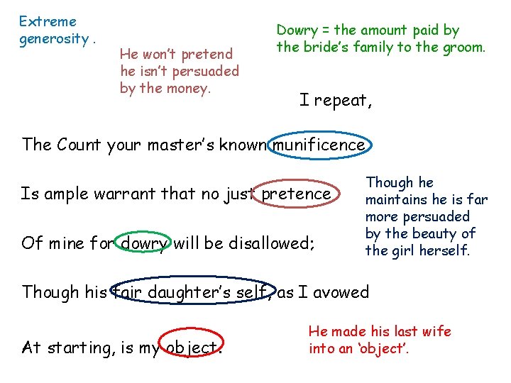 Extreme generosity. He won’t pretend he isn’t persuaded by the money. Dowry = the