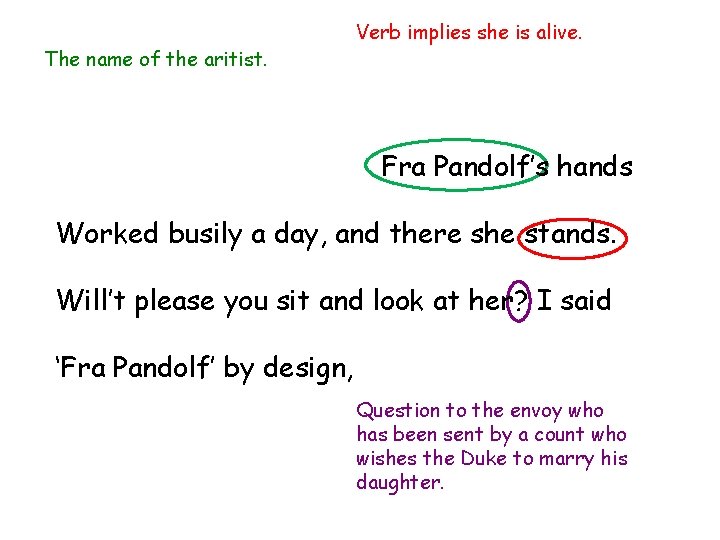 The name of the aritist. Verb implies she is alive. Fra Pandolf’s hands Worked