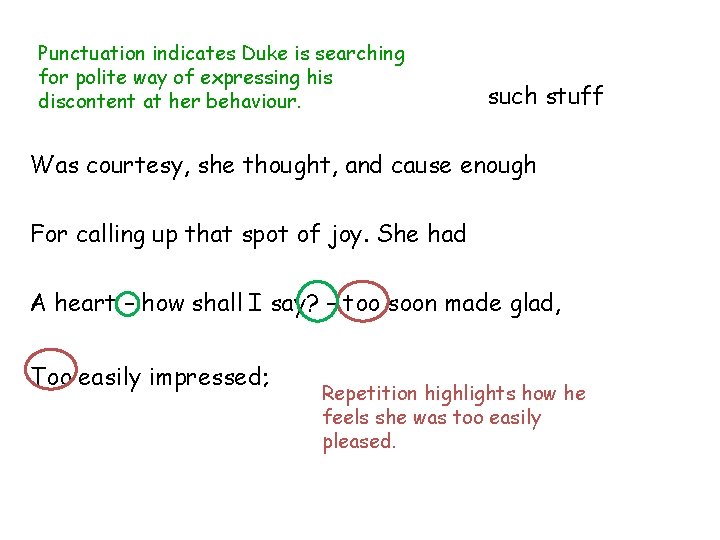 Punctuation indicates Duke is searching for polite way of expressing his discontent at her