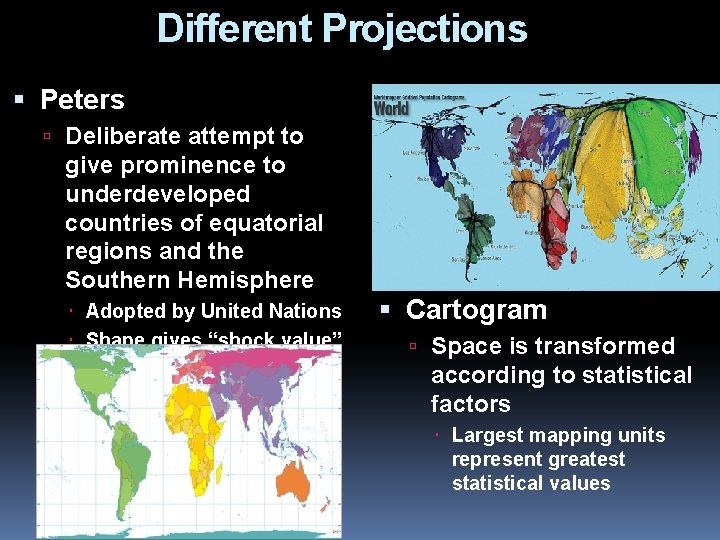 Different Projections Peters Deliberate attempt to give prominence to underdeveloped countries of equatorial regions