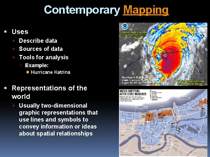 Contemporary Mapping Uses Describe data Sources of data Tools for analysis Example: Hurricane Katrina