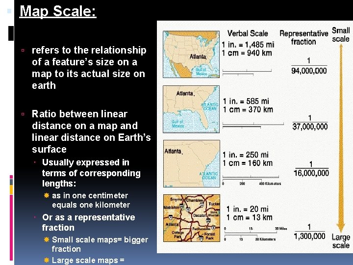  Map Scale: refers to the relationship of a feature’s size on a map