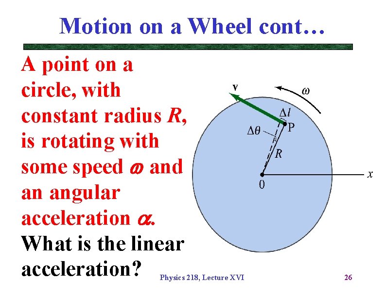 Motion on a Wheel cont… A point on a circle, with constant radius R,