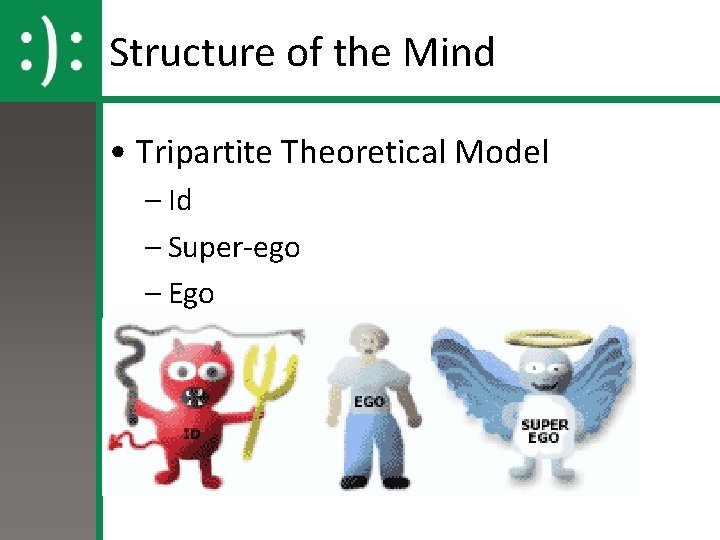 Structure of the Mind • Tripartite Theoretical Model – Id – Super-ego – Ego