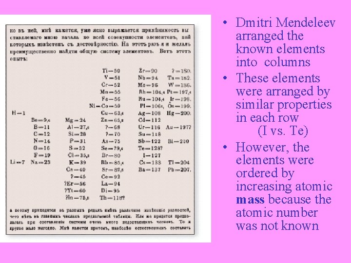  • Dmitri Mendeleev arranged the known elements into columns • These elements were