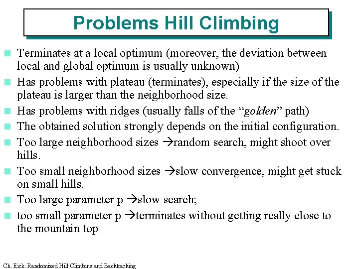 Problems Hill Climbing n n n n Terminates at a local optimum (moreover, the