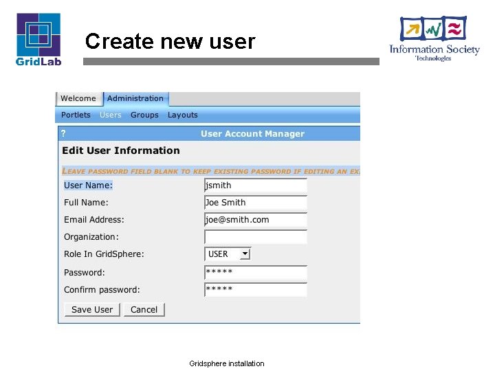 Create new user Gridsphere installation 